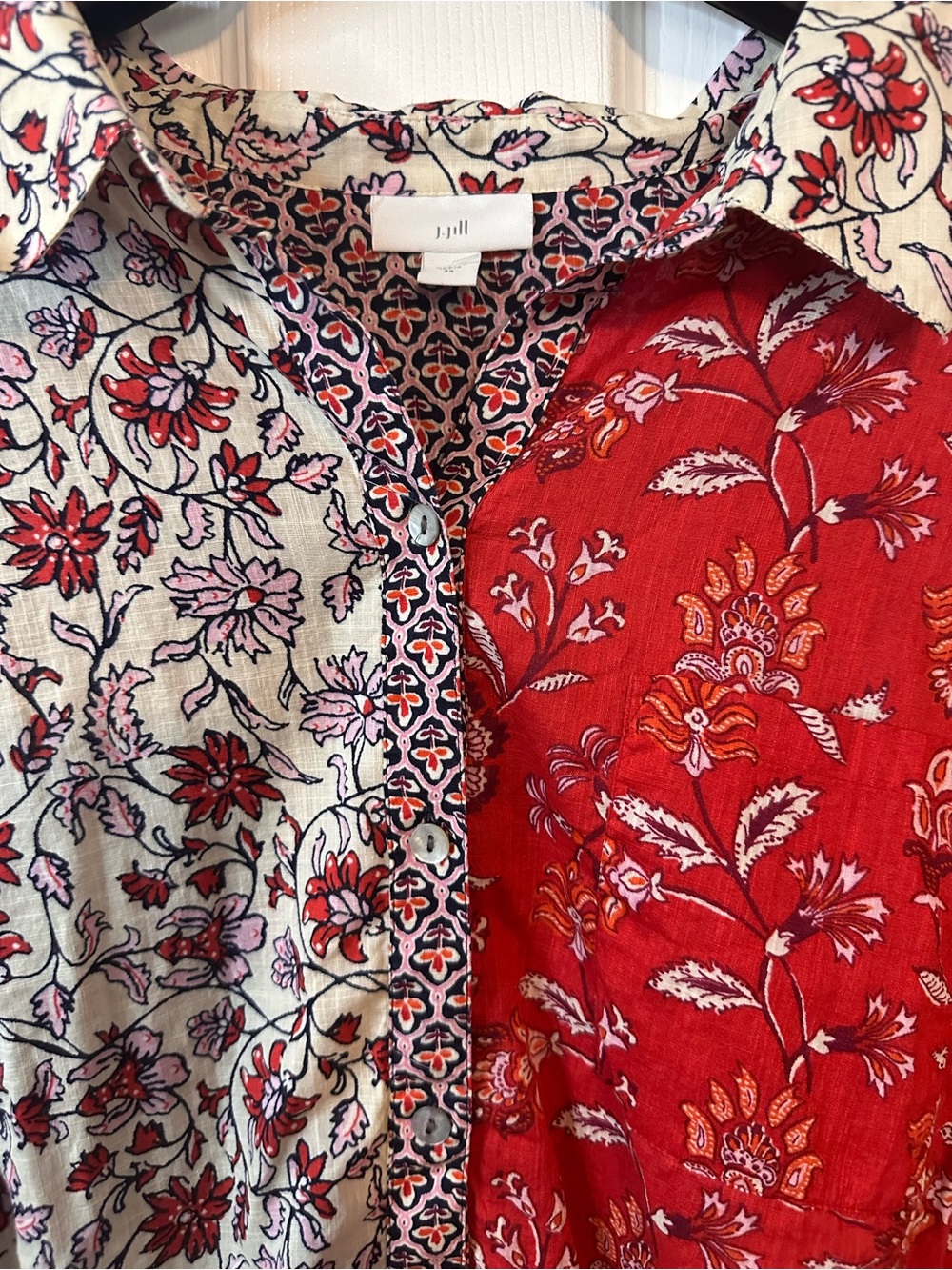 J. Jill Red and White Floral Split-Print Blouse - Picture 3 of 8